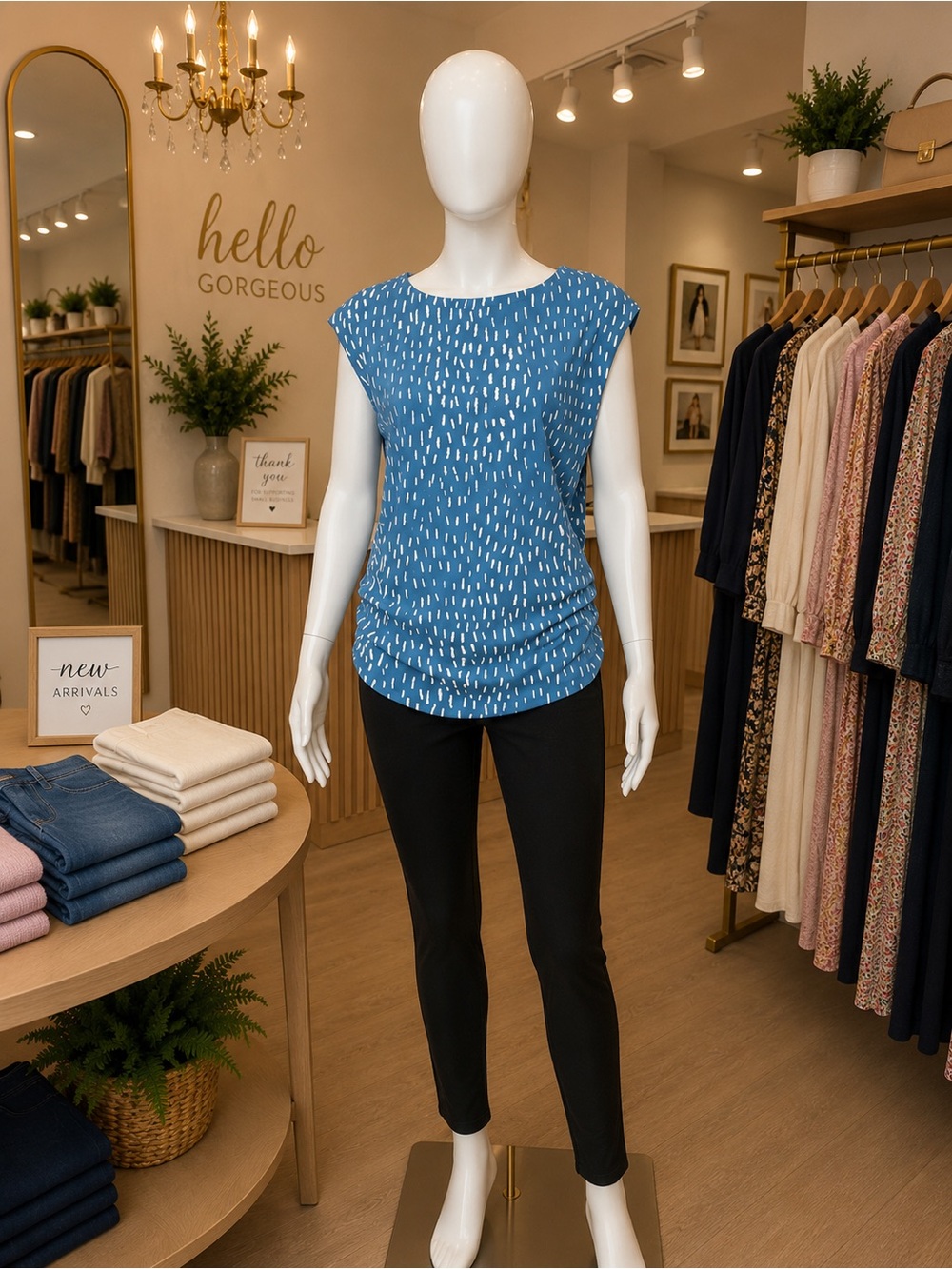 Alfani Blue Cap Sleeve Blouse with White Dash Print